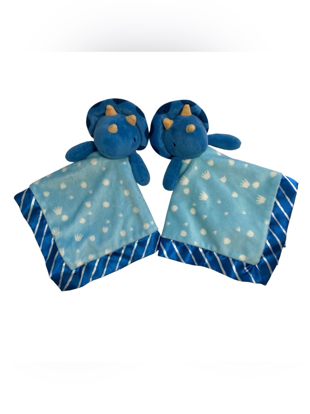 Lot - 2 Cloud Island Dino Triceratops Blue Lovey 13.5” Security Blankets Stripes